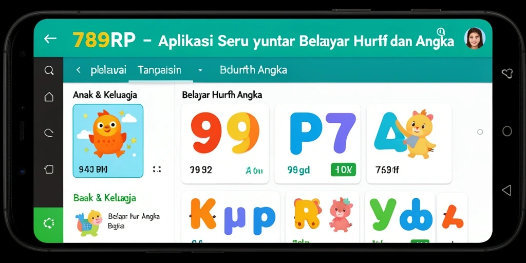 Antarmuka pengguna 789RP yang cerah dan interaktif untuk belajar huruf dan angka.