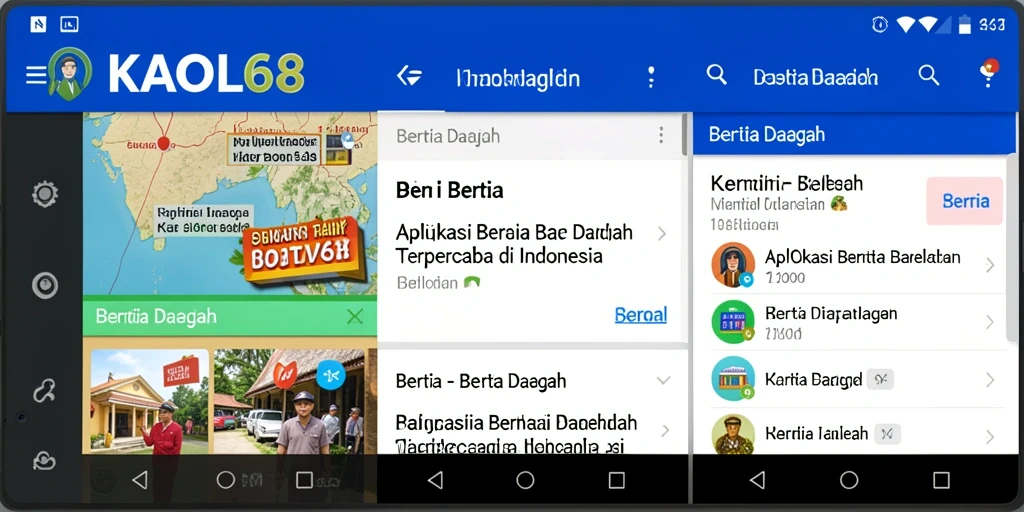 Antarmuka aplikasi KAOL68 menampilkan berita daerah terkini dan menarik.