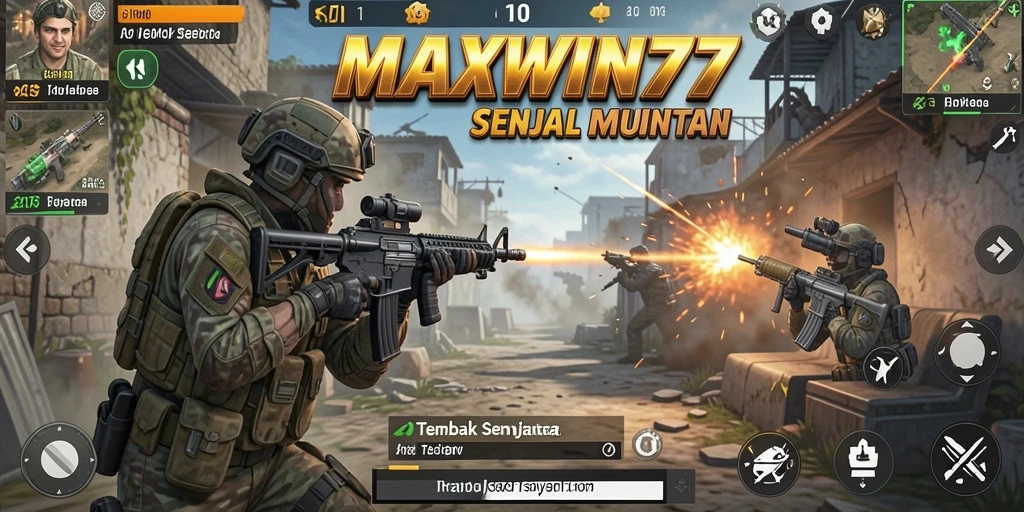 Antarmuka permainan MAXWIN77 yang menampilkan aksi tembak menembak seru.