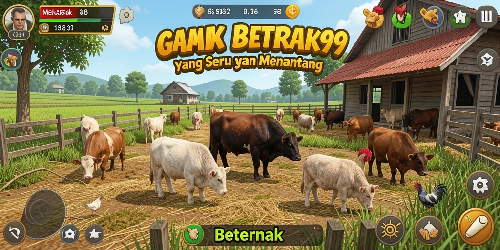 Antarmuka MEKAR99 yang menarik dengan elemen Beternak yang interaktif.